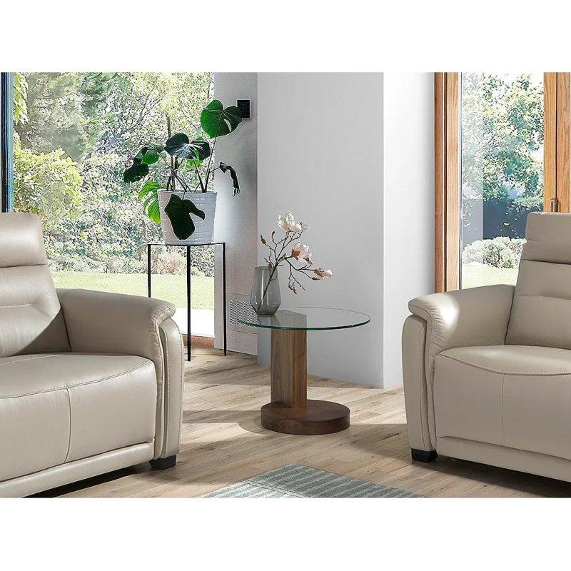 Şeffaf Ceviz Kaplama Temperli Cam Yuvarlak Tasarım Yan Sehpa-60x48x60 cm - 110318