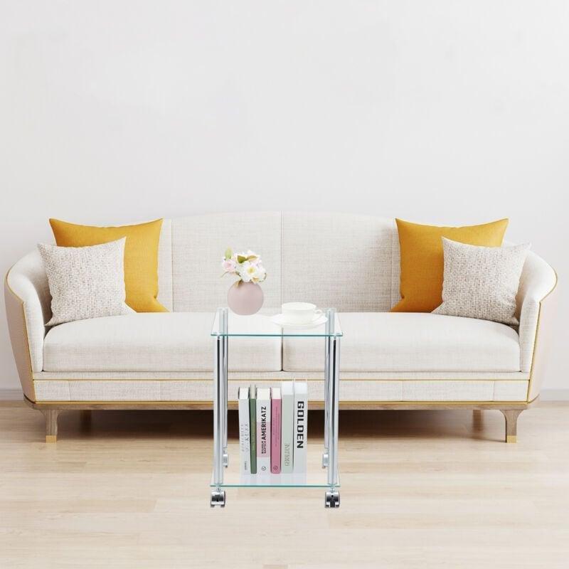 Şeffaf Gümüş Temperli Cam Tekerlekli İki Katlı Cam Yan Sehpa-46x34x34 cm - 111303