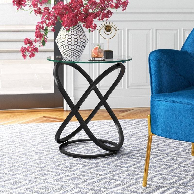 Şeffaf Temperli Cam Parlak Siyah Çapraz Ayaklı Ferforje Yan Sehpa-56x52x52 cm - 112818