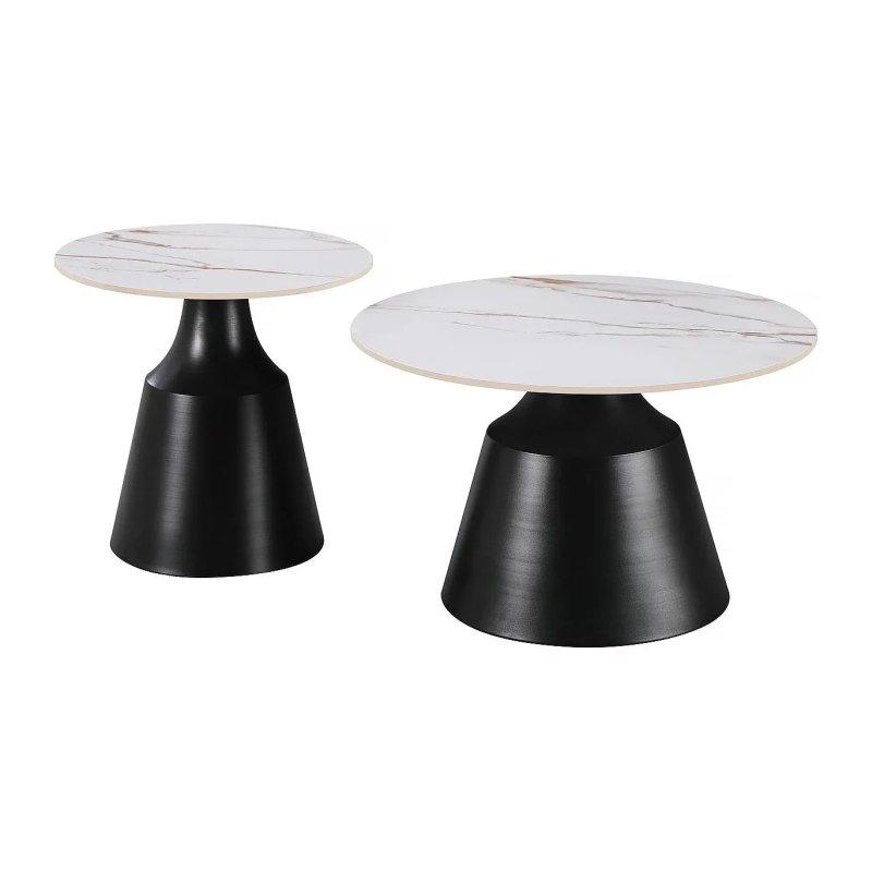 Seramik Beyaz Mermerli 2'li Yuvarlak Orta Sehpa 70x70 cm - 102360