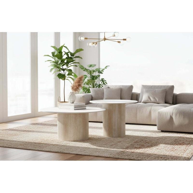 Seramik Üstü Orta Sehpa (Büyük 80 cm) ve (Küçük 60 cm) Travertin Ahşap Beyaz İç İçe - 102974