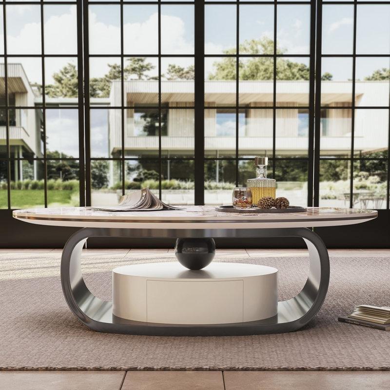Sintered Stone Üstü Modern Oval Orta Sehpa 140 cm Gri Çelikli Ayak ve Çekmeceli - 104494