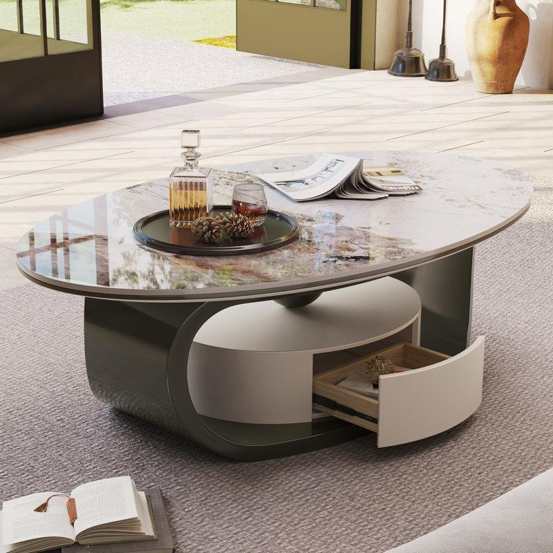 Sintered Stone Üstü Modern Oval Orta Sehpa 140 cm Gri Çelikli Ayak ve Çekmeceli - 104494