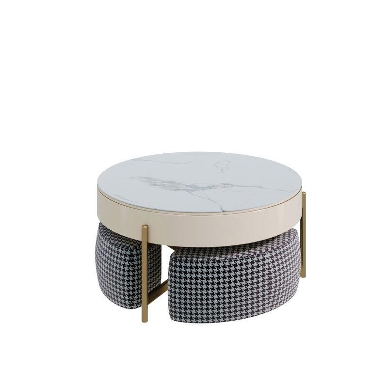 Sintered Stone Yükseltme Mekanizmalı Yuvarlak Orta Sehpa 45x80x80 cm Beyaz Üstlü 3 Tabure - 104791