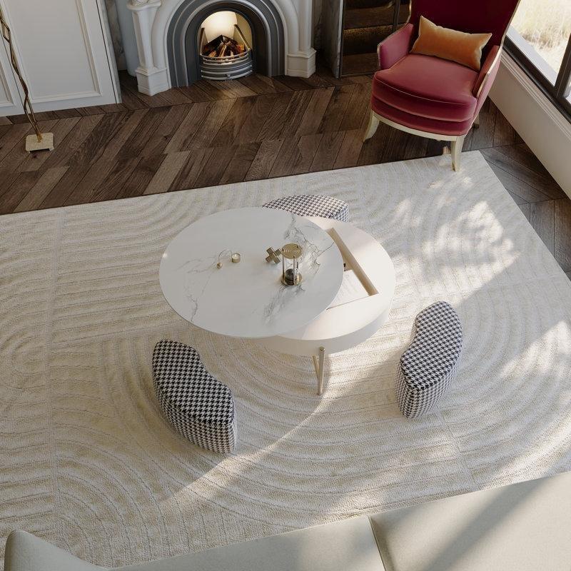 Sintered Stone Yükseltme Mekanizmalı Yuvarlak Orta Sehpa 45x80x80 cm Beyaz Üstlü 3 Tabure - 104791