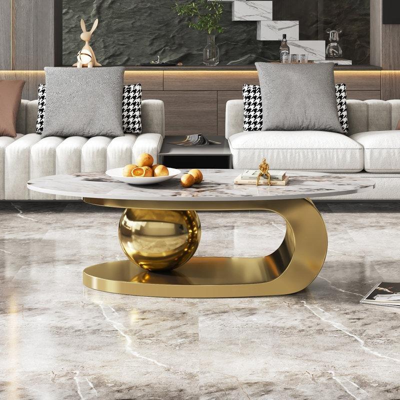 Sintered Taş Üstü Lüks Orta Sehpa 125x70 cm Gold Ayaklı Oval - 104476