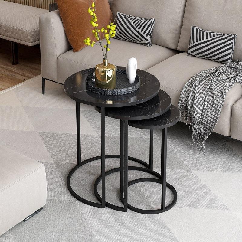 Siyah 3'lü Yuvarlak Zigon Sehpa Metal Ayaklı 50x58 cm - 108136
