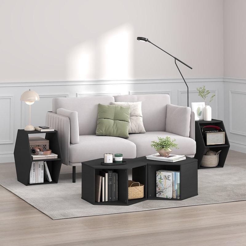 Siyah 60x52x32 cm Petek Zigon Sehpa Altıgen Açık Raflı Endüstriyel Ahşap - 108454