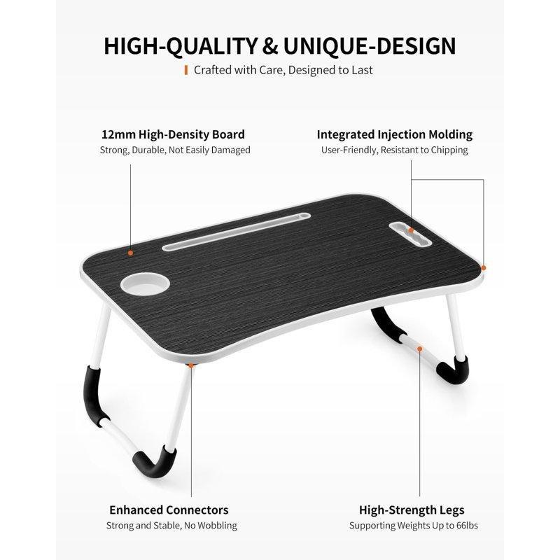 Siyah Ahşap Katlanır Kulplu Bardaklıklı Tablet Yuvalı Laptop Sehpası-26x63x6 cm - 113250