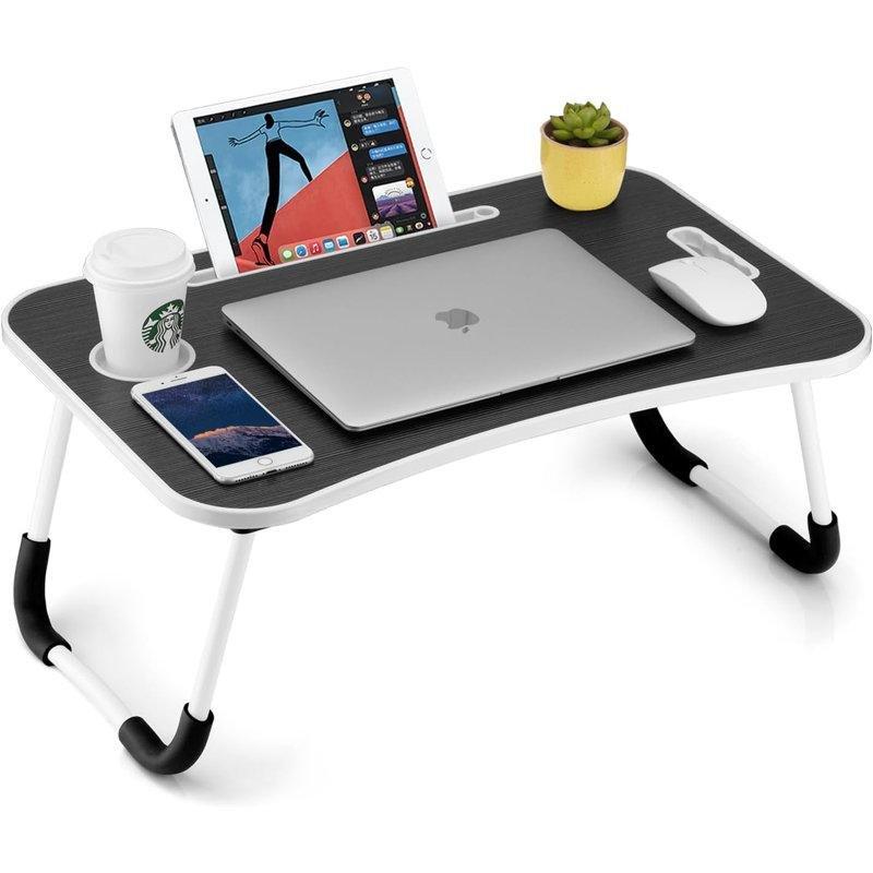 Siyah Ahşap Katlanır Kulplu Bardaklıklı Tablet Yuvalı Laptop Sehpası-26x63x6 cm - 113250