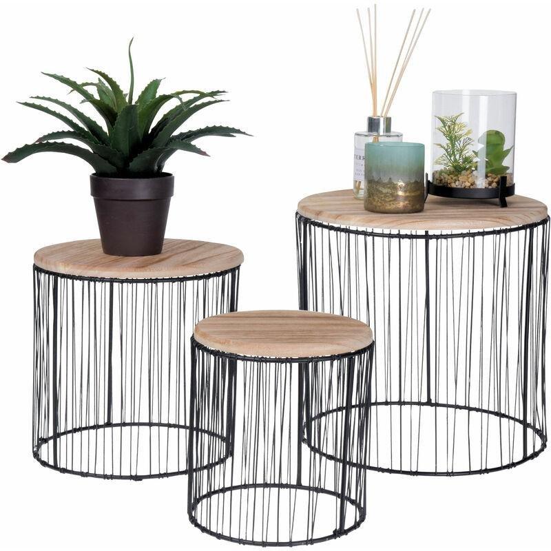 Siyah Ahşap Metal 3lü Set Raflı Ahşap Yan Sehpa-29x28 cm - 110650