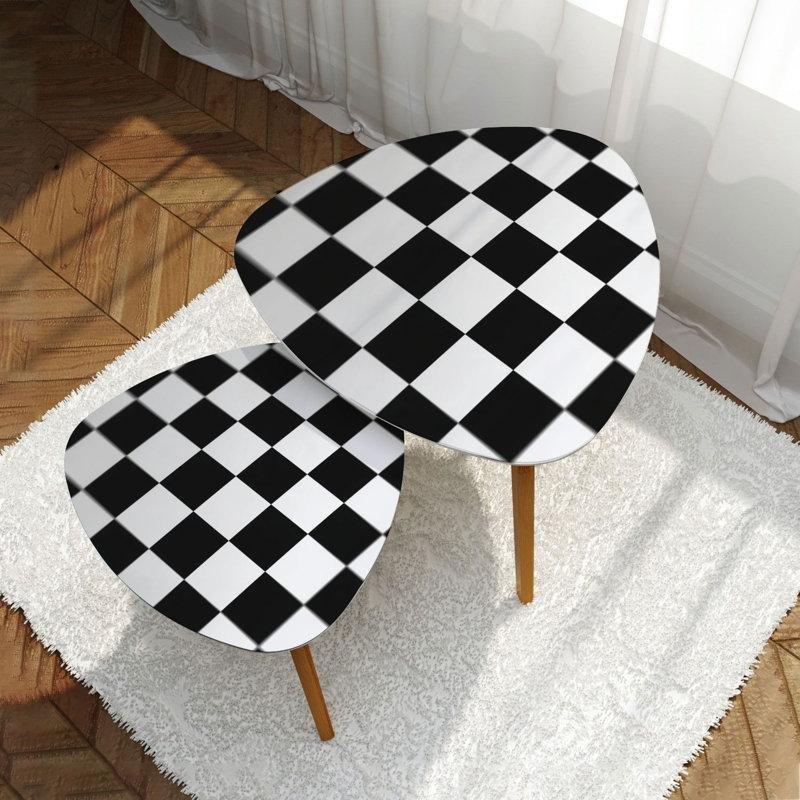 Siyah Beyaz Endüstriyel Ahşap Kaydırmaz Ayaklı Üçgen Yan Sehpa-51x36x41 cm - 113160