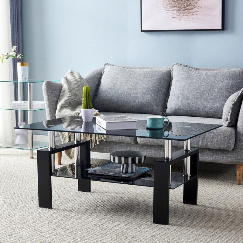Siyah Cam Orta Sehpa 100x60 cm Metal Ayaklı 2 Katlı - 105505