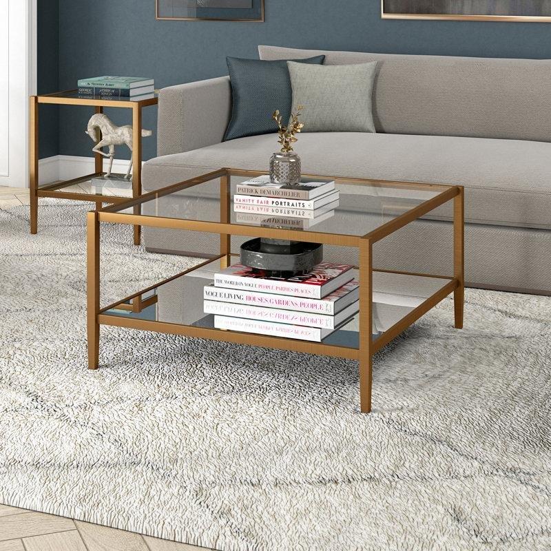 Siyah Cam Orta Sehpa 81x81 cm Aynalı Raflı Şeffaf Camlı - 105574