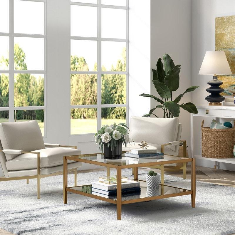 Siyah Cam Orta Sehpa 81x81 cm Aynalı Raflı Şeffaf Camlı - 105574