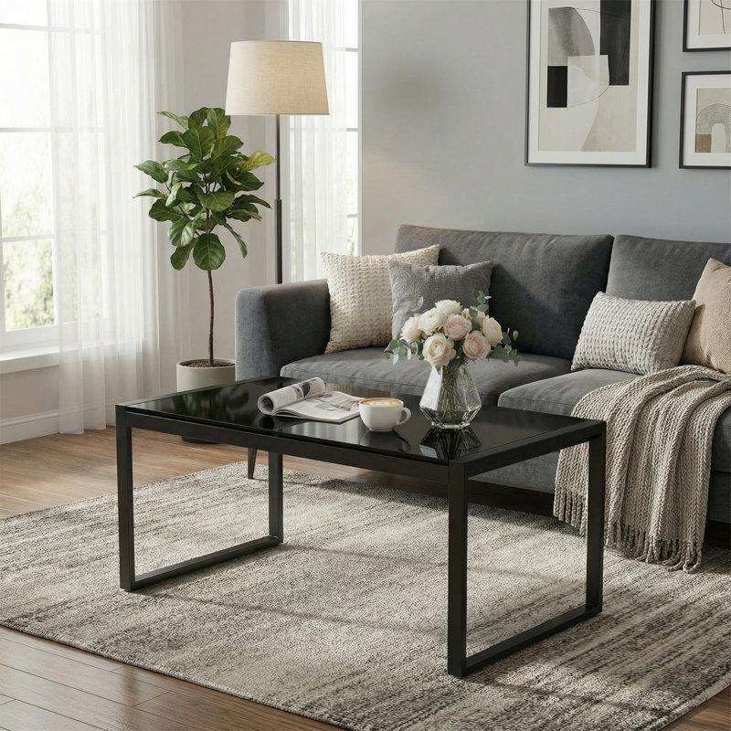 Siyah Cam Orta Sehpa 84x45 cm Dikdörtgen Metal Ayaklı - 105541