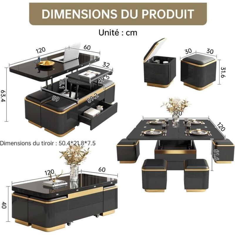 Siyah Cam Plateaul Yemek Masası Olan Sehpa, 120x60 cm, 4 Saklama Taburesi ile - 101860