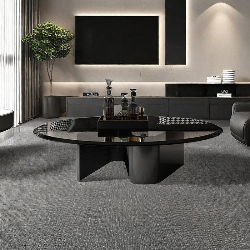 Siyah Cam Yuvarlak Orta Sehpa 80x80 cm Gri Metal Ayaklı - 105511