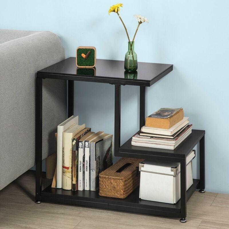 Siyah Çelik Cam Üç Raflı Cam Yan Sehpa-65x55x35 cm - 111250