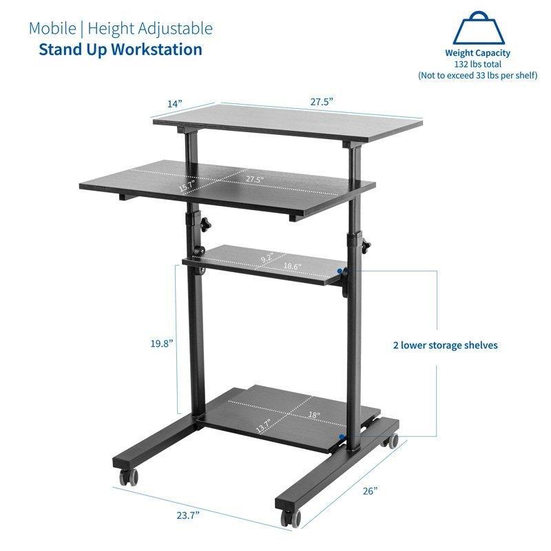 Siyah Çelik MDF Raflı Tekerlekli Yükseklik Ayarlı Laptop Sehpası-139x70x94 cm - 113316