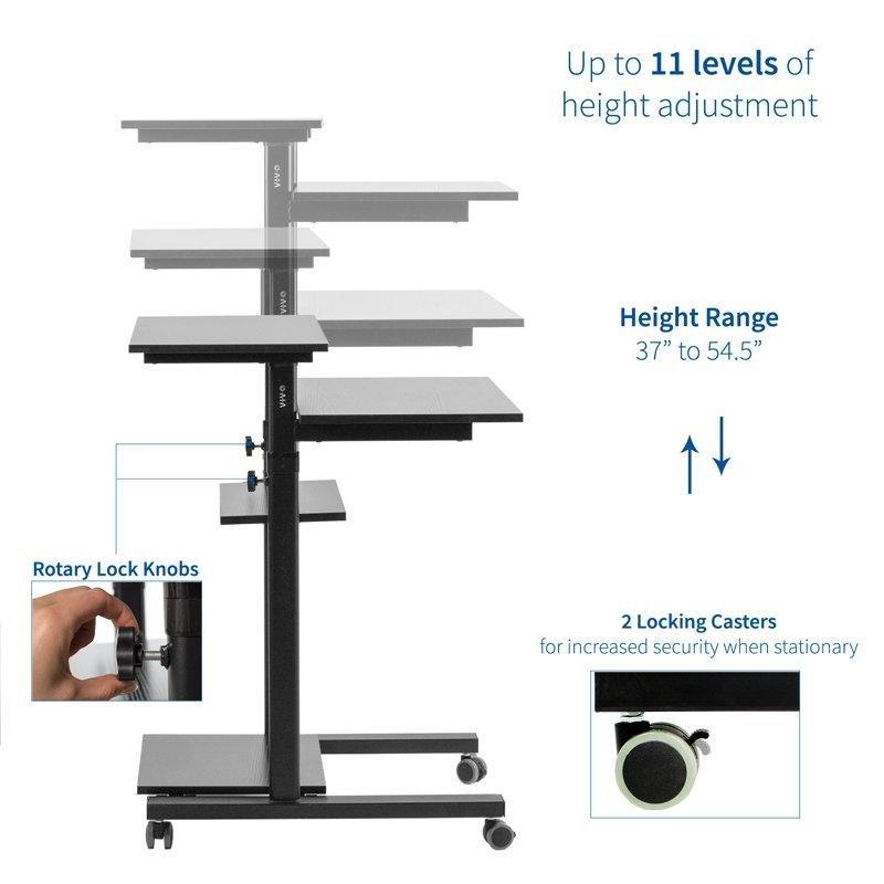 Siyah Çelik MDF Raflı Tekerlekli Yükseklik Ayarlı Laptop Sehpası-139x70x94 cm - 113316