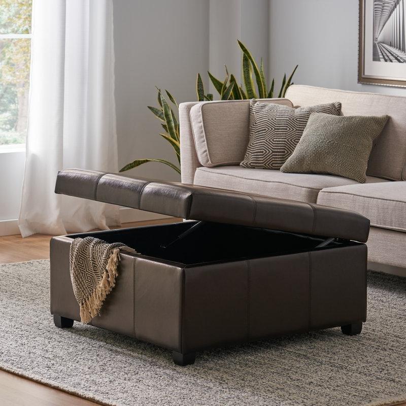 Siyah Deri Puflu Orta Sehpa 87x87 cm Açılır Saklama Bölmeli - 104860