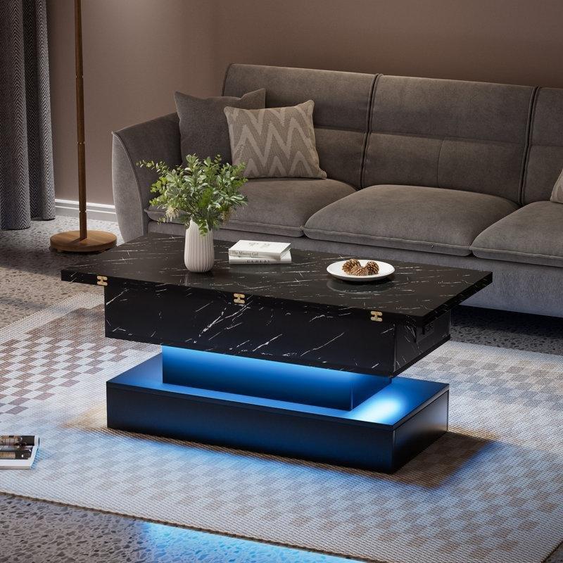 Siyah Endüstriyel Ahşap Açılır Akıllı Sehpa 100x100 cm LED Işık ve Şarj İstasyonu ile - 101076