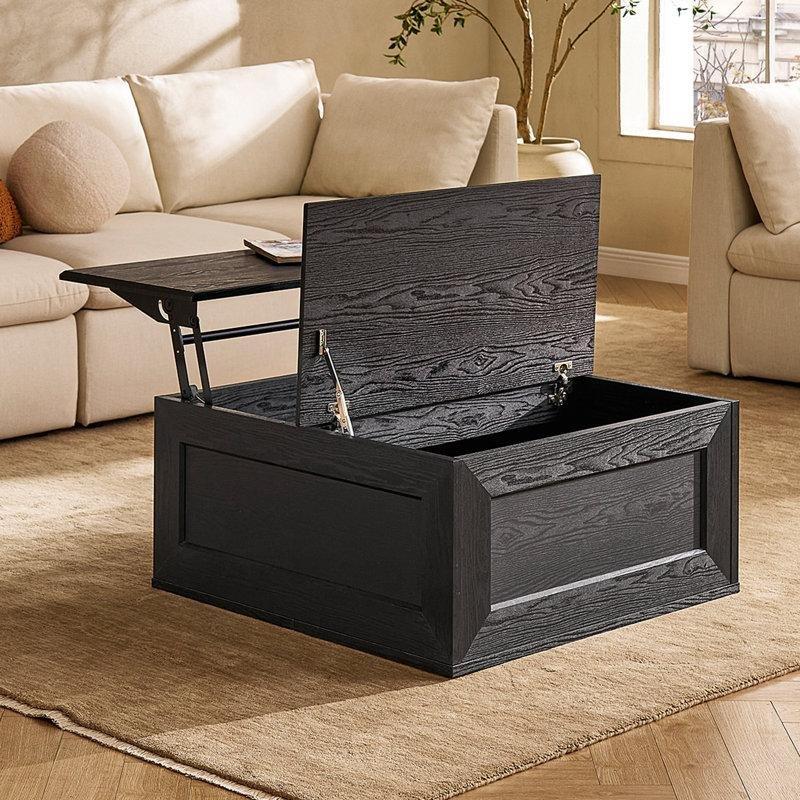 Siyah Endüstriyel Ahşap Açılır Akıllı Sehpa 80x80x38 cm - 101091