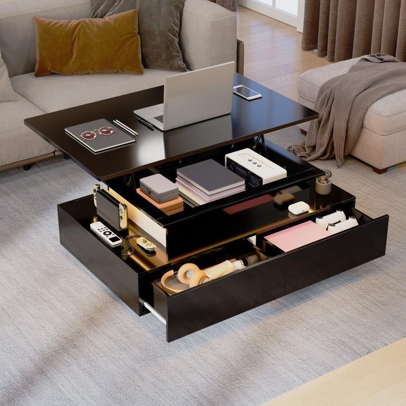 Siyah Endüstriyel Ahşap Açılır Akıllı Sehpa 90 cm LED Işıklı 4 Çekmeceli - 101355