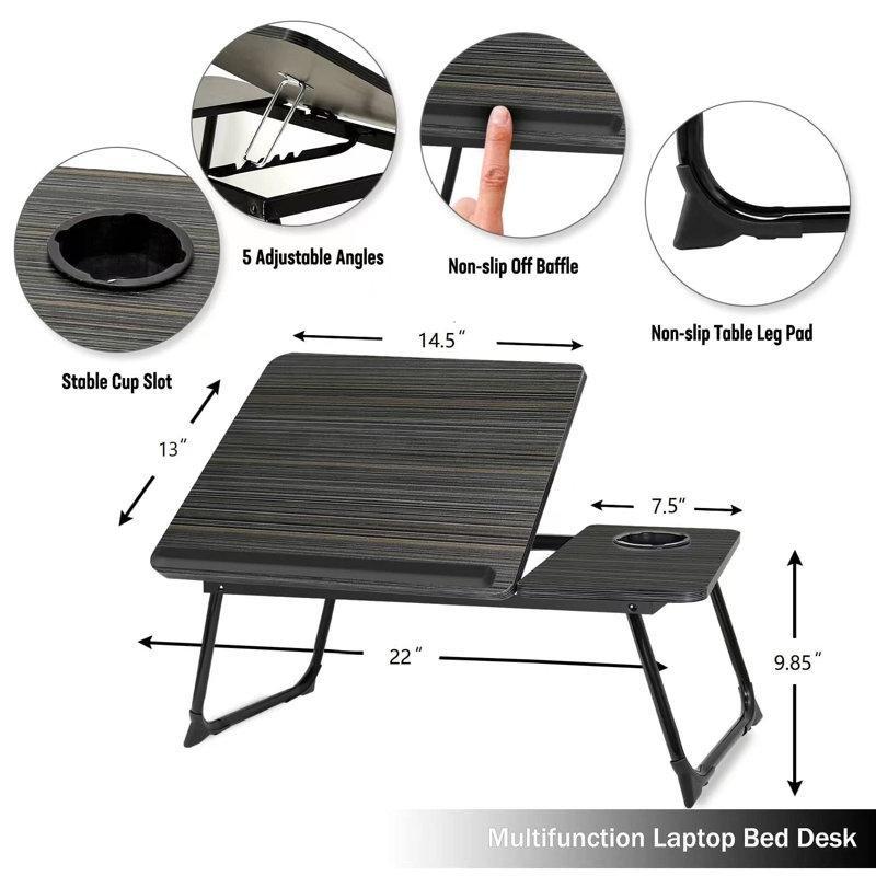 Siyah Endüstriyel Ahşap Bölünmüş Üst Tablası Katlanır Ayaklı Laptop Sehpası-56x33x26 cm - 113253
