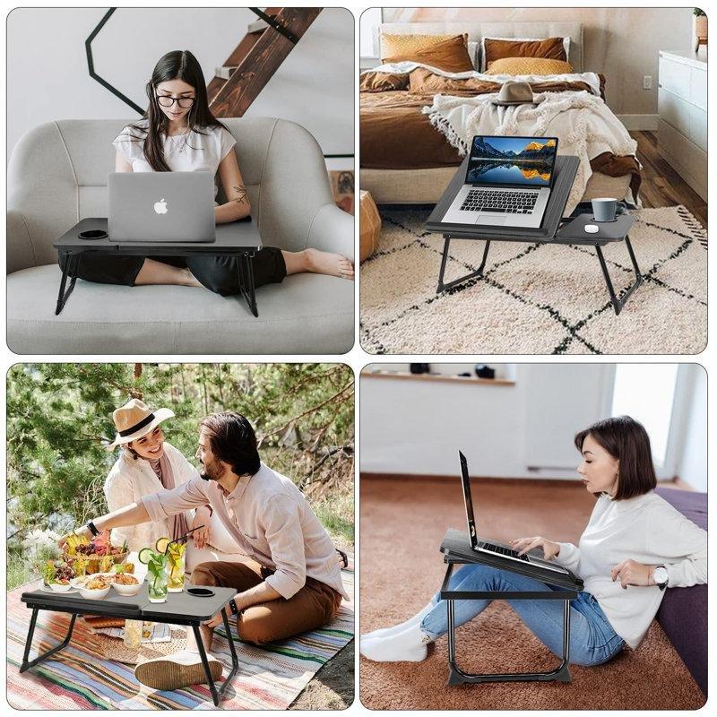 Siyah Endüstriyel Ahşap Çelik Ayaklı Katlanır Ayarlanabilir Laptop Sehpası-25x56x34 cm - 113223