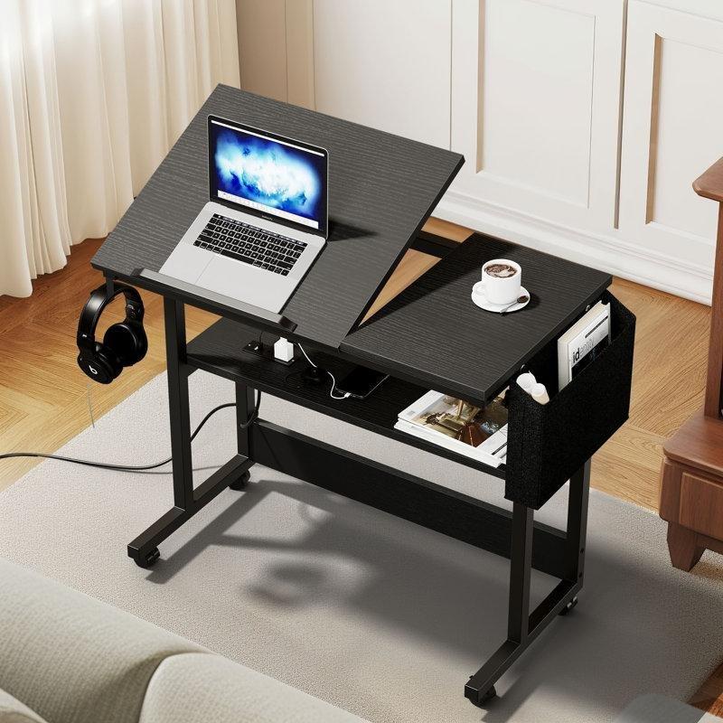 Siyah Endüstriyel Ahşap Eğilebilir Tablalı Tekerlekli Laptop Sehpası-80x40x66 cm - 113295