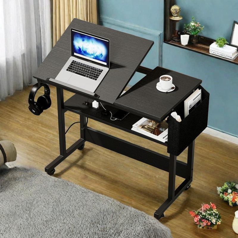 Siyah Endüstriyel Ahşap Eğilebilir Tablalı Tekerlekli Laptop Sehpası-80x40x66 cm - 113295