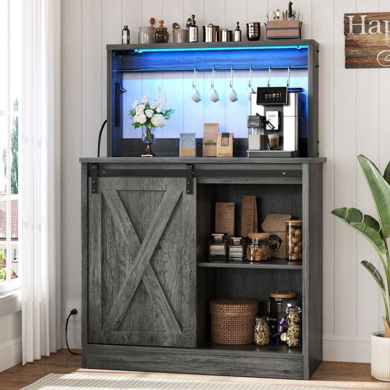 Siyah Endüstriyel Ahşap Kahve Köşesi 80x127 cm Kaydırmalı Kapı ve LED Işıklı - 99991