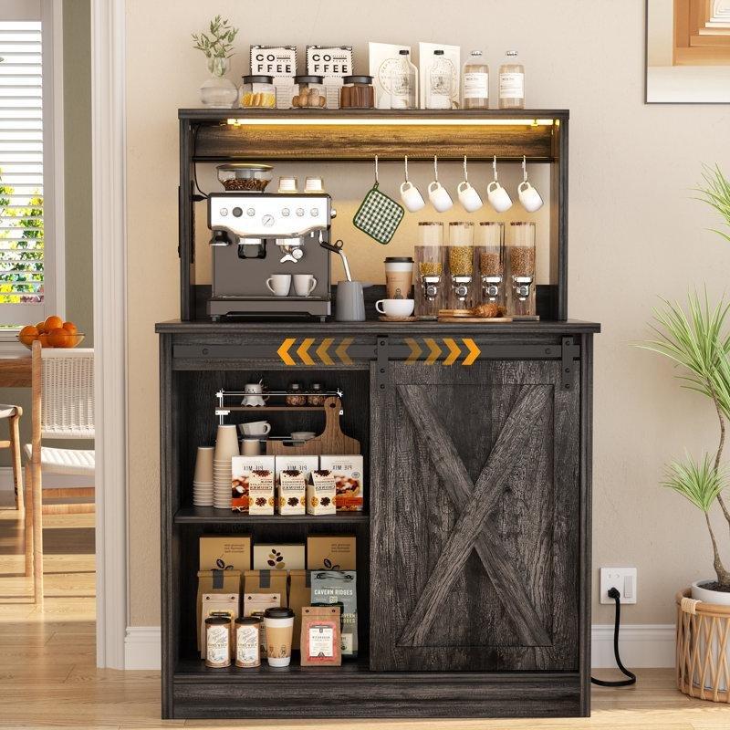 Siyah Endüstriyel Ahşap Kahve Köşesi 80x127 cm Kaydırmalı Kapı ve LED Işıklı - 99991