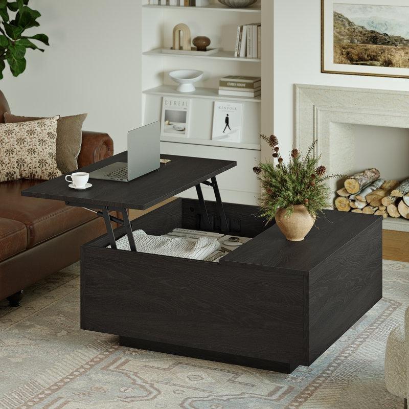 Siyah Endüstriyel Ahşap Kare Açılır Akıllı Sehpa 80x80 cm - 101367