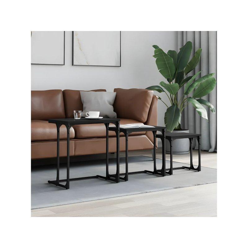 Siyah Endüstriyel Ahşap Üçlü Zigon Sehpa 51x35x53 cm - 106363