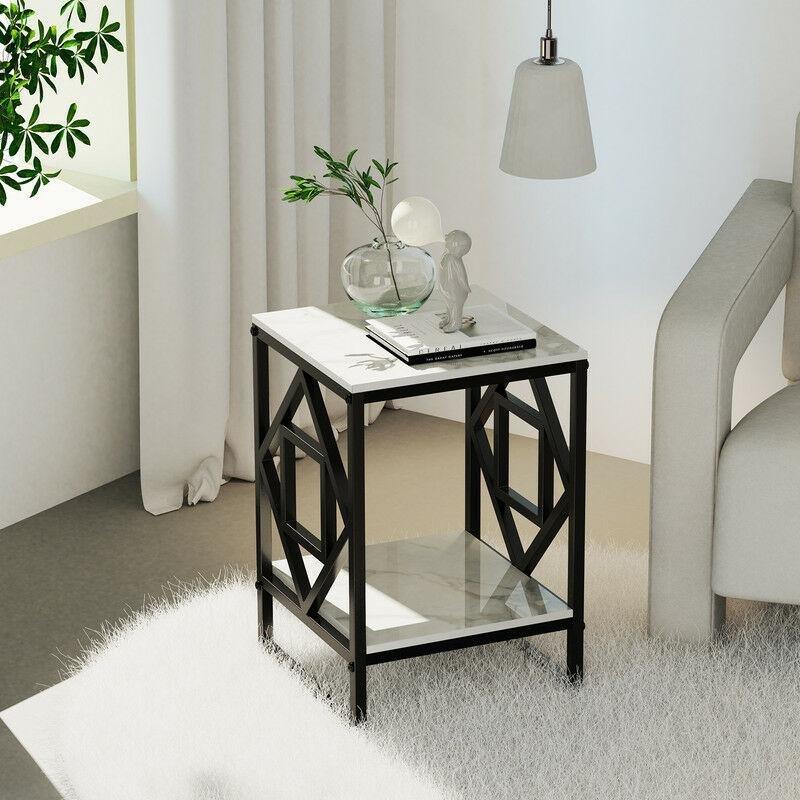 Siyah Fer Metal İki Katlı Gold Yan Sehpa-40x40x59 cm - 111924
