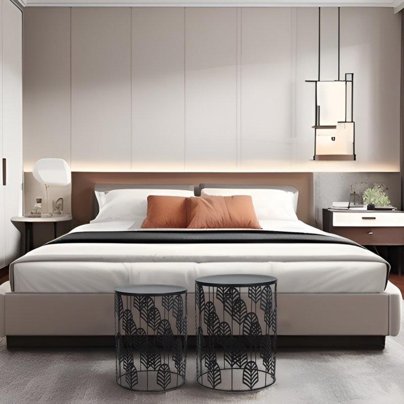 Siyah Ferforje Zigon Sehpa İkili Set Yaprak Desenli 40x40x51 cm - 108223