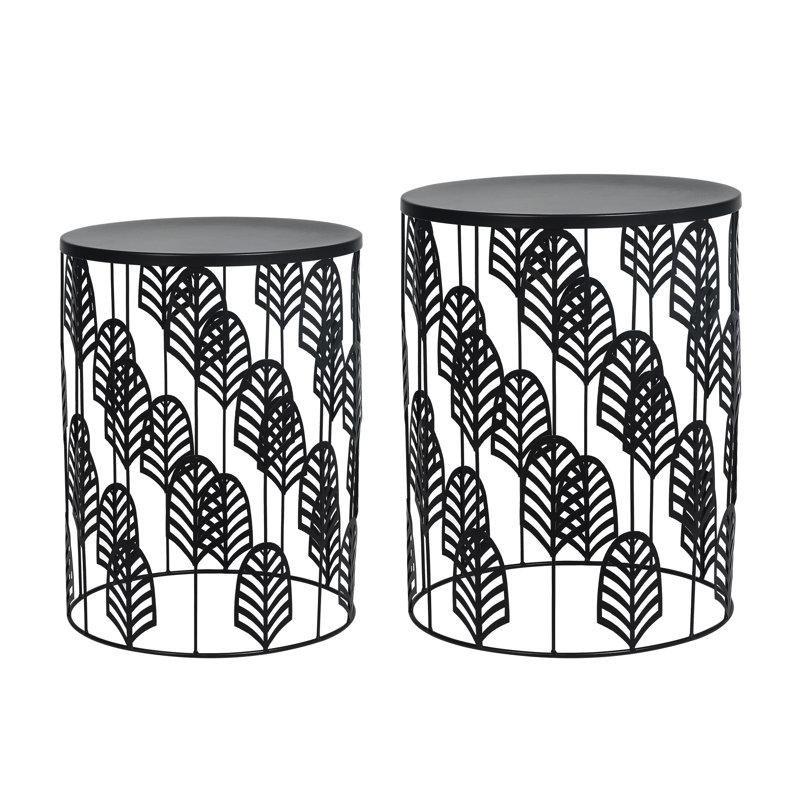 Siyah Ferforje Zigon Sehpa İkili Set Yaprak Desenli 40x40x51 cm - 108223