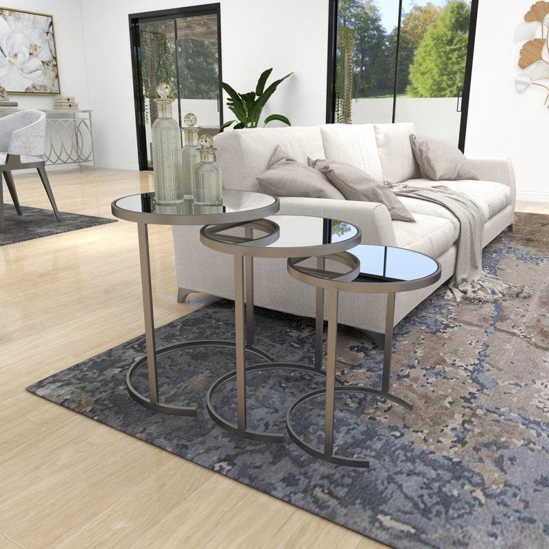 Siyah Gold Metal Gövdeli Aynalı Yuvarlak Zigon Sehpa 3'lü Set 53x46x30 cm - 108118