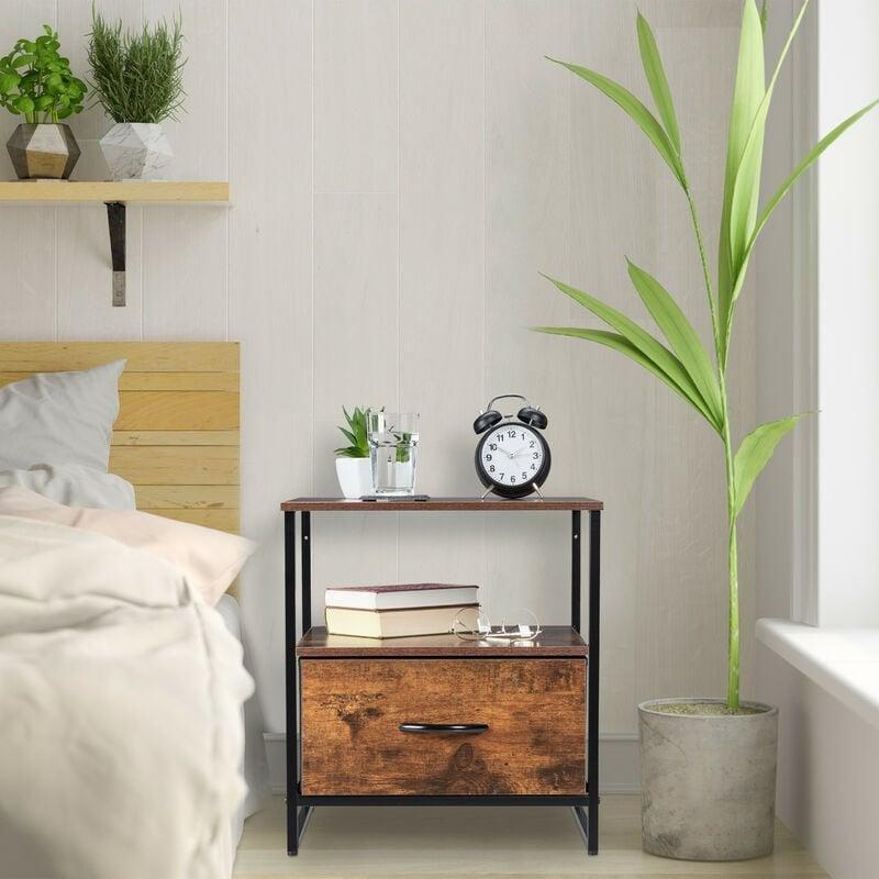 Siyah Kahverengi Metal MDF Çekmeceli Raflı Bohem Yan Sehpa-50x45x40 cm - 111114