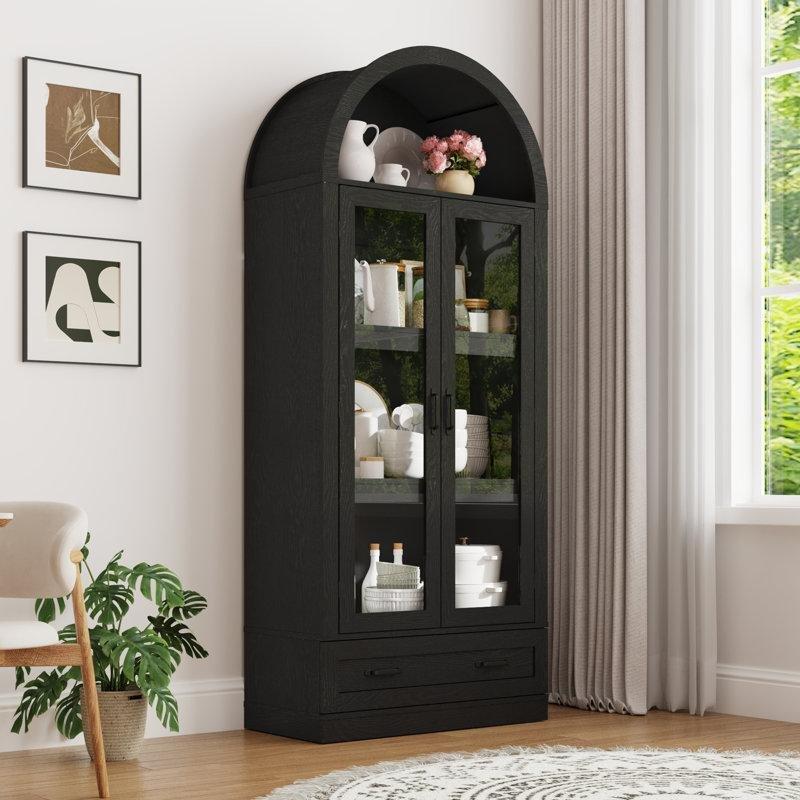 Siyah Kemerli Camlı Çekmeceli Çok Amaçlı Dolap 80x190 cm - 93061