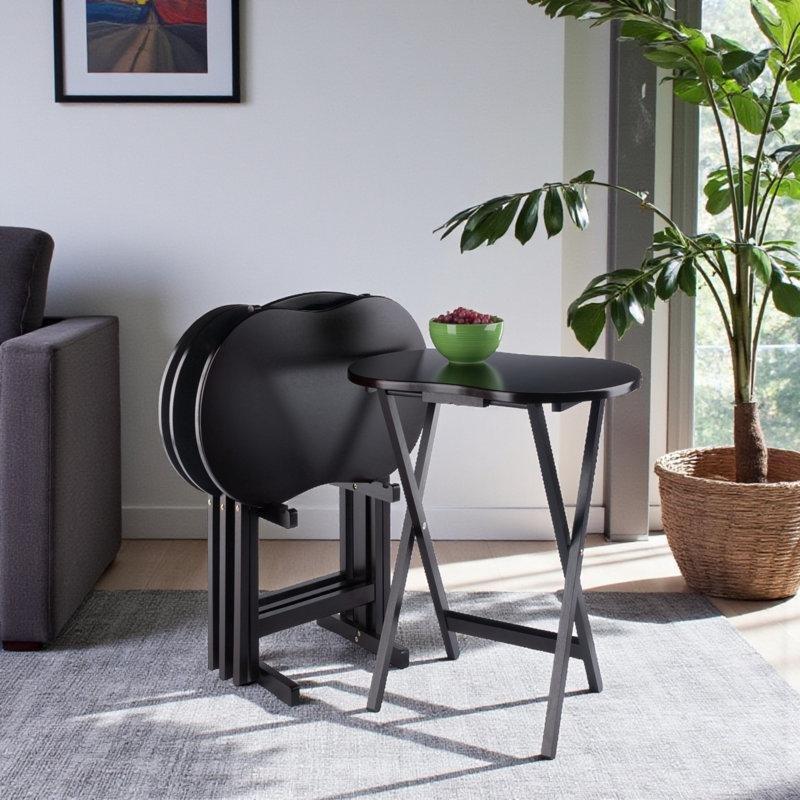 Siyah Masif Ahşap Katlanır Çanta Zigon Sehpa 5'li Set 66 cm x 58 cm x 41 cm - 108754