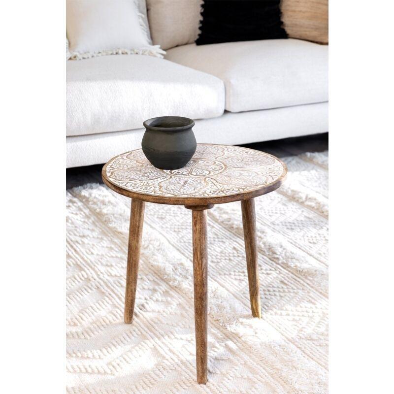Siyah Masif Mango Ağacı Boho Yuvarlak Ahşap Yan Sehpa-47x45x45 cm - 110624