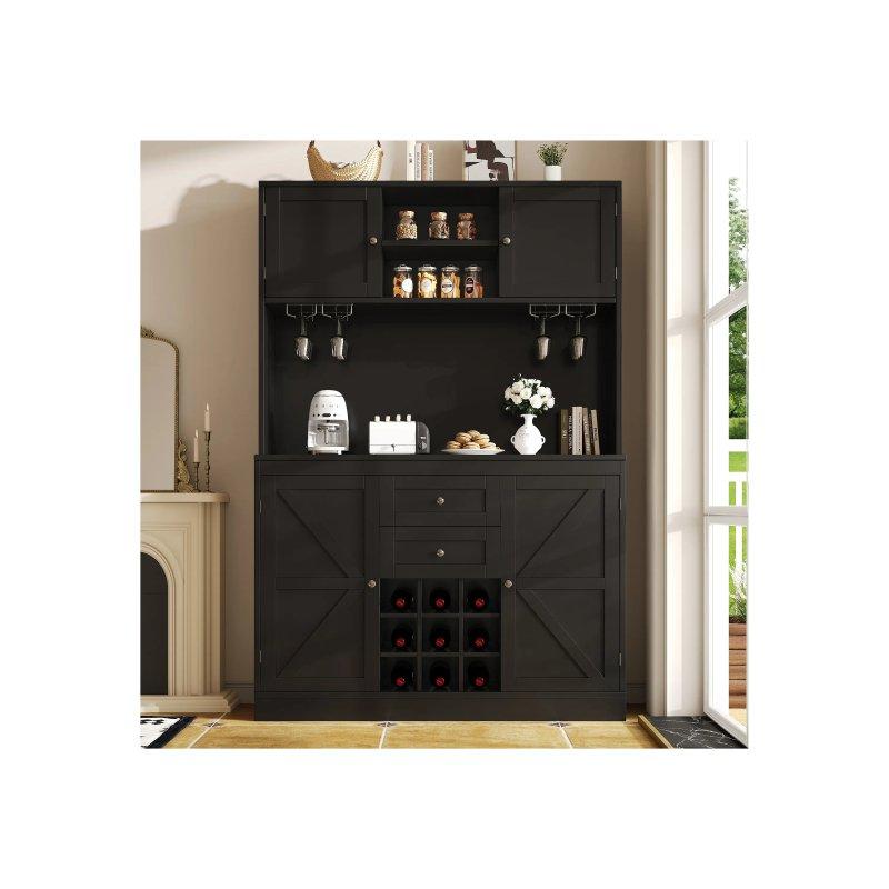 Siyah MDF Çok Amaçlı Dolap 120x40x188 cm Şarap Rafı ve 4 Kapaklı - 92260