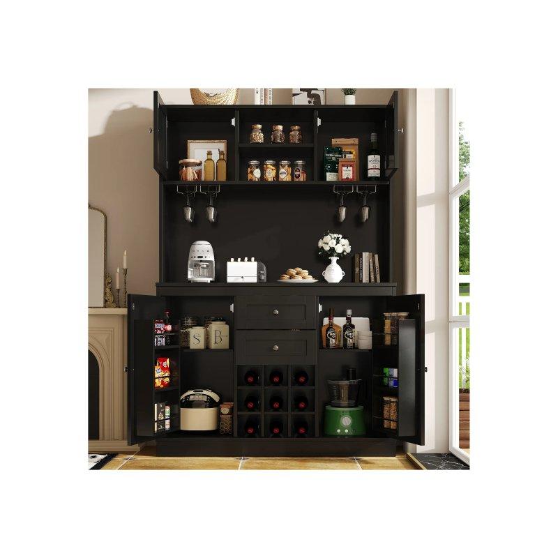 Siyah MDF Çok Amaçlı Dolap 120x40x188 cm Şarap Rafı ve 4 Kapaklı - 92260