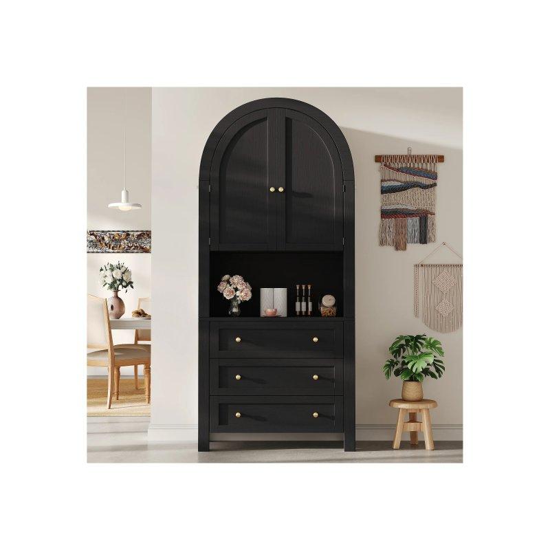 Siyah MDF Çok Amaçlı Dolap 70x35x180 cm Kavisli Üst Tasarımlı 2 Kapılı 3 Çekmeceli - 92422