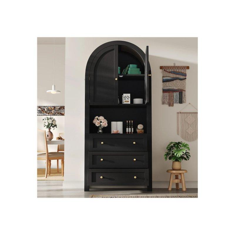 Siyah MDF Çok Amaçlı Dolap 70x35x180 cm Kavisli Üst Tasarımlı 2 Kapılı 3 Çekmeceli - 92422