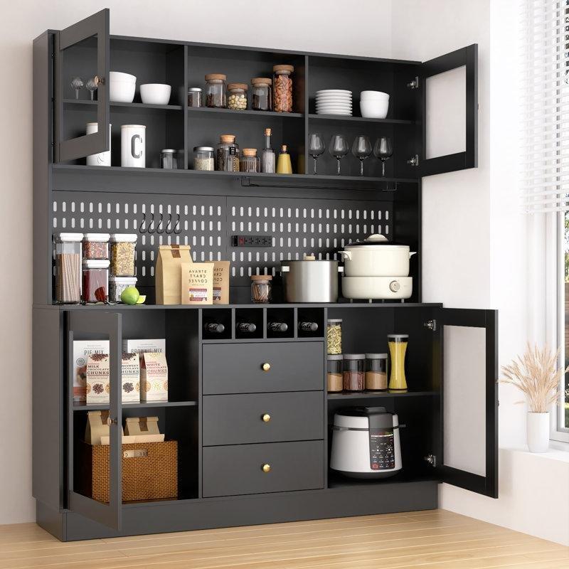Siyah MDF Çok Amaçlı Dolap, Şarap Rafı, Camlı Kapak ve Çekmeceli 160x191 cm - 92950